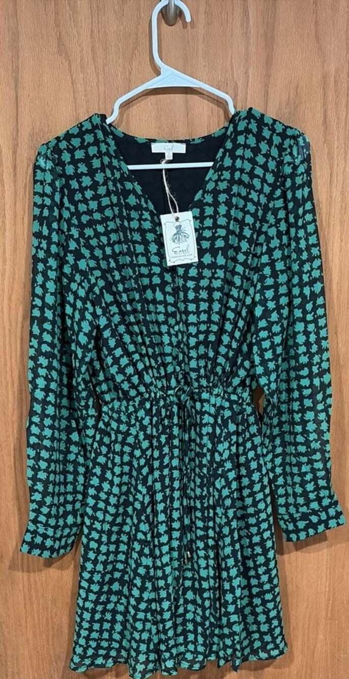 easel Black Dress with Green Floral Print Long Sleeve